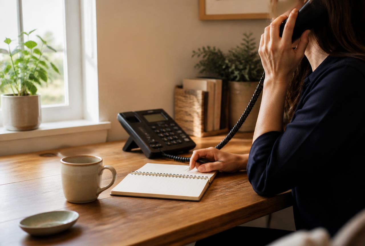 A woman at a wooden desk holding a telephone handset to her ear, taking notes beside a mug of coffee in a sunlit office.