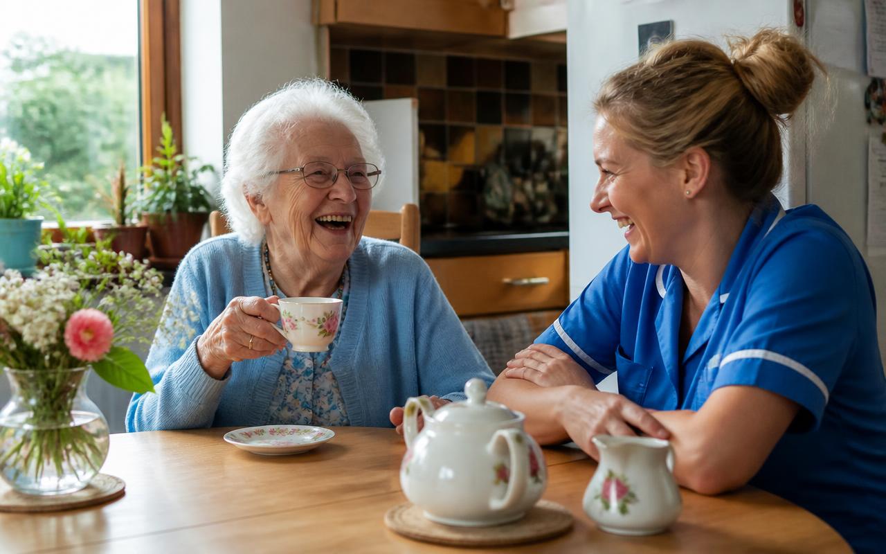 An older woman and her caregiver sitting together at a kitchen table, talking over cups of tea in warm afternoon light.