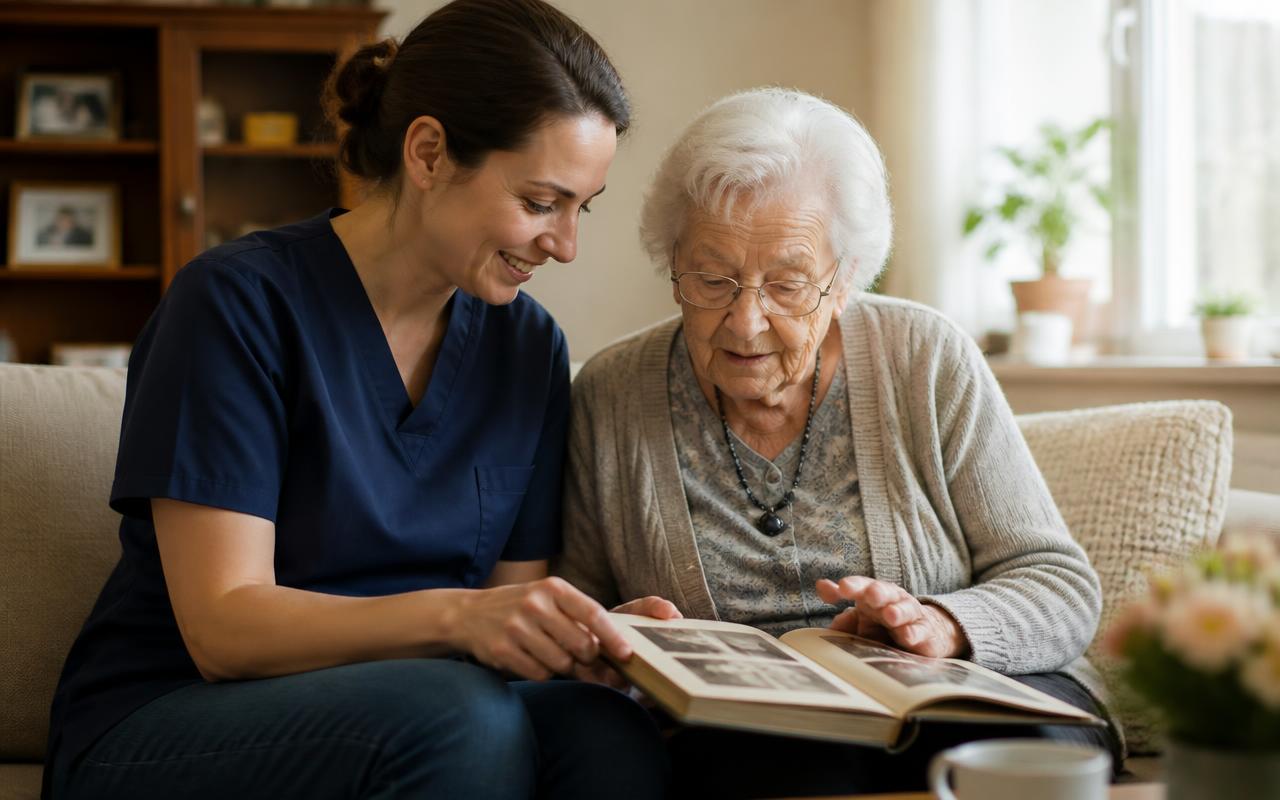 A caregiver sitting close beside an older woman on a sofa as they look through an old family photo album together.
