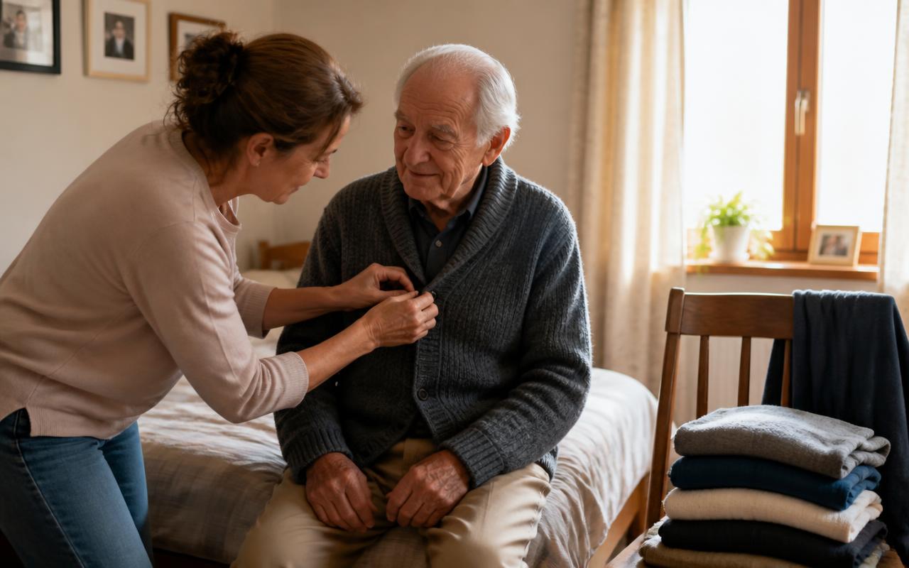 A caregiver patiently helping an older man fasten his cardigan as he sits on the edge of his bed beside a sunlit window.