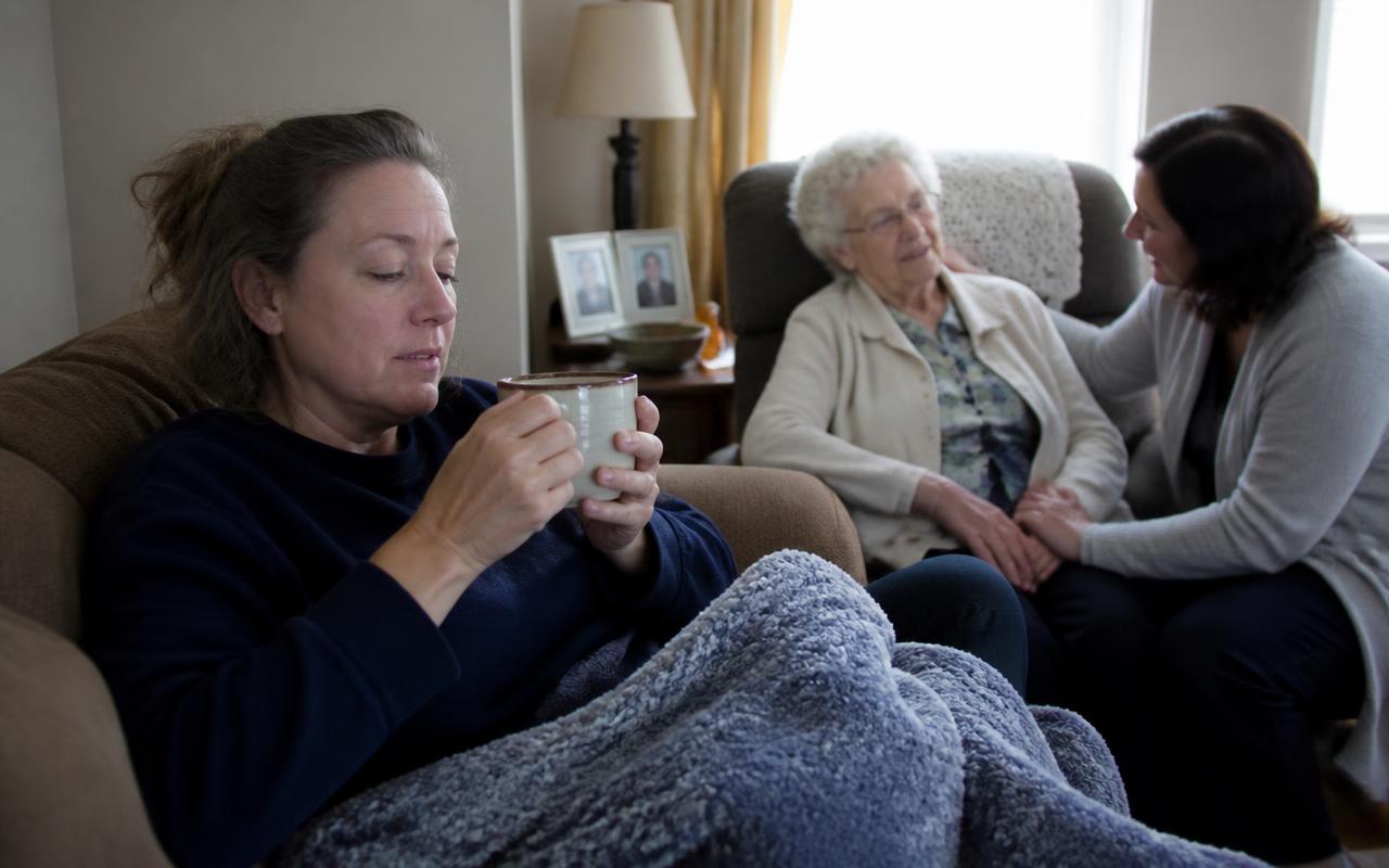 Two caregivers talking quietly in a living room while an older woman rests comfortably in an armchair nearby.